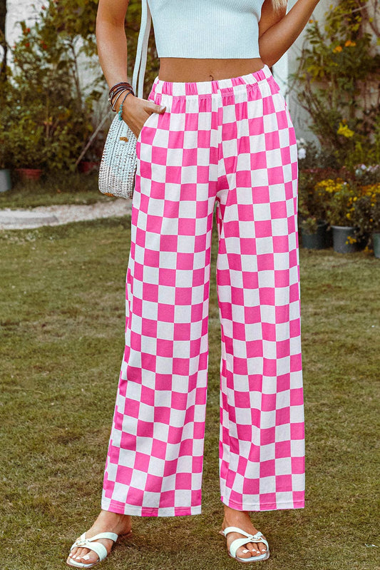 Checked Print High Waist Wide Leg Pants