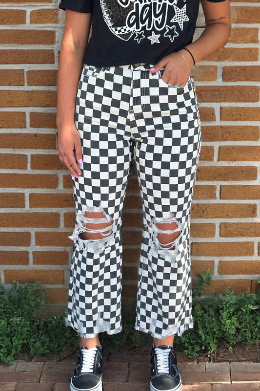 Spring Western Plaid Distressed Holes Raw Edge Crop Jeans